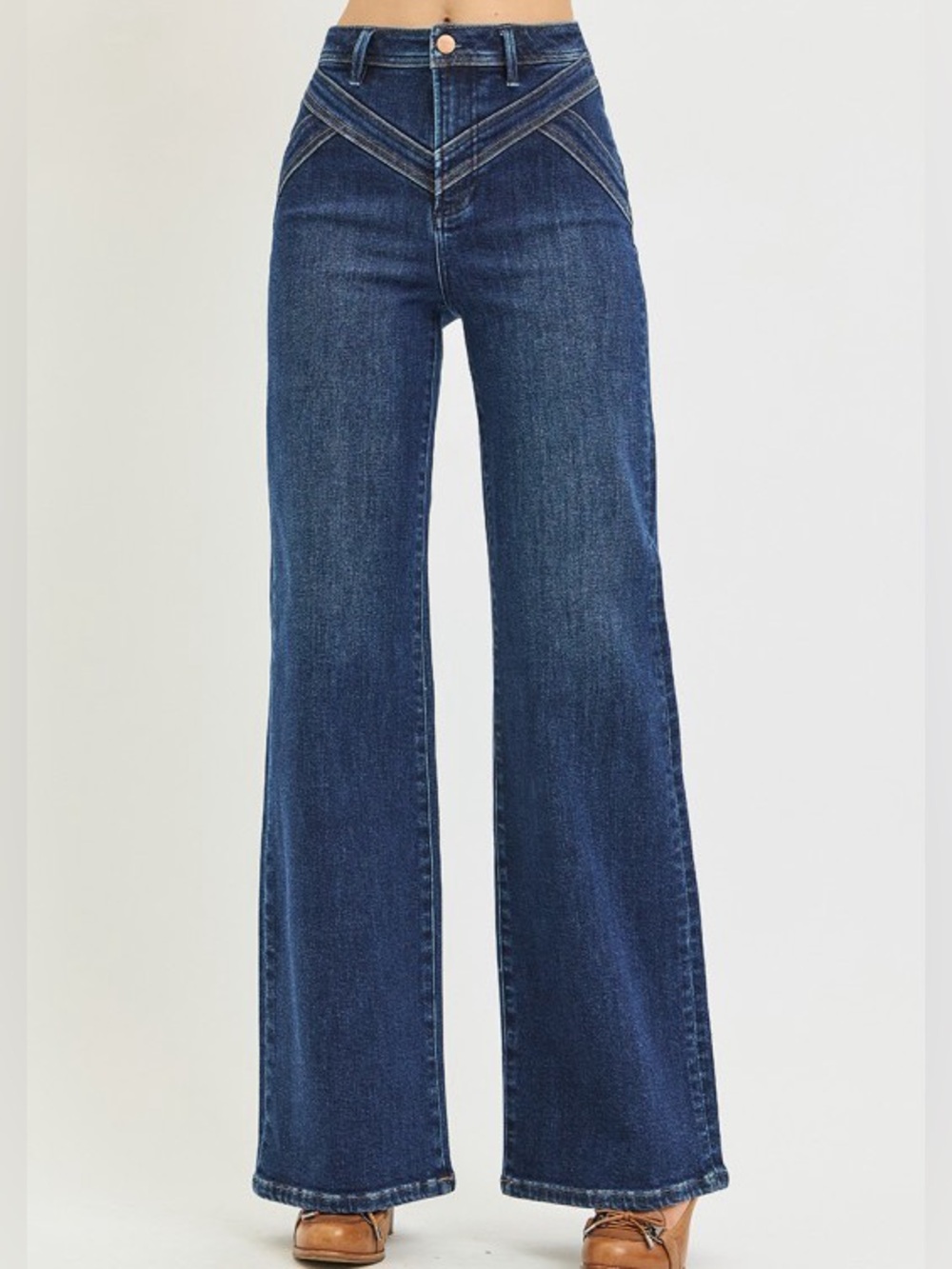 Risen High Rise Wide Leg Yoke Detail Jeans Dark Wash 7/28